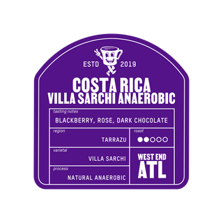 Purple Costa Rica Villa Sarchi Anaerobic coffee label showing tasting notes and regional details.