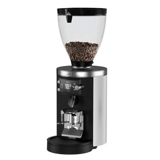 Mahlkönig E80W GbS commercial espresso grinder with a clear bean hopper and sleek digital control display.