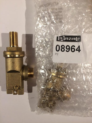 La Spaziale 08964 steam valve kit in clear plastic bag next to the brass valve.