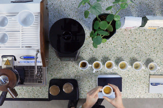 Top-down view of a modern espresso station with a white machine on the left, a grinder in the center, and a potted plant.