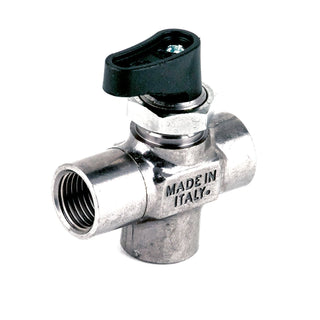 Three way manual water inlet valve for direct plumb espresso machines with black plastic knob and threaded metal body