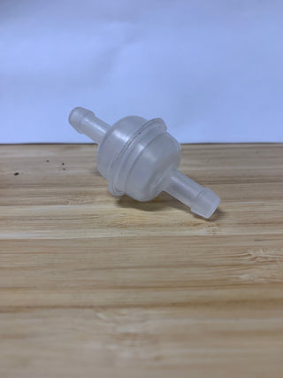 Clear inline bulb filter for Profitec and ECM machines resting on a wooden surface.