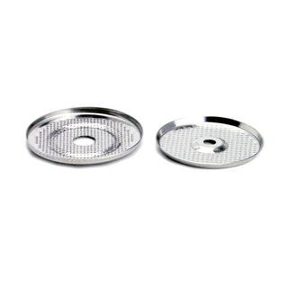 Two stainless steel La Spaziale shower screens for the group head