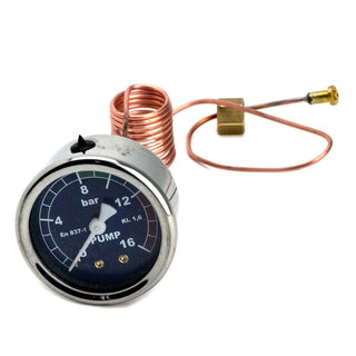 Old style Lucca M58 V1 pump pressure gauge with copper coil and brass fittings.