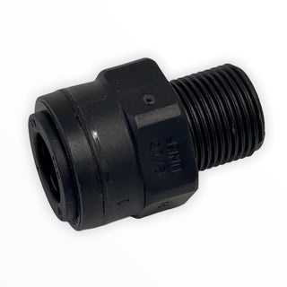 Black push connect plumb fitting for La Marzocco water line with 3/8 inch tubing port